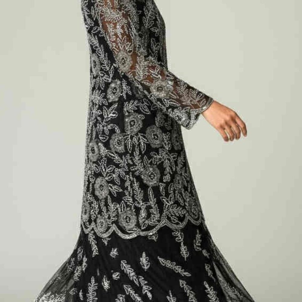 Vintage 80s Stenay B&W Silk Sequin Beaded Midi Dress Asymmetrical Hem Size 10